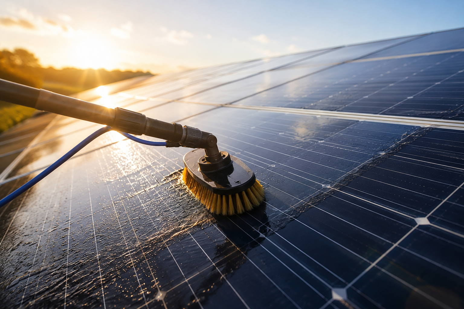 Limpeza profissional de placa solar ao entardecer